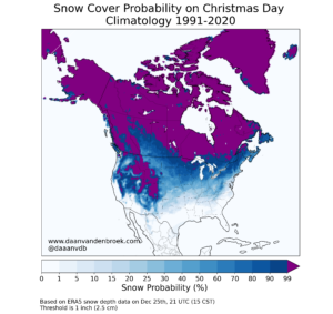 Snow Probability on Christmas Day (climatology 1991-2020) -White Christmas in North America - Christmas Snow Chance in US, Canada, Mexico